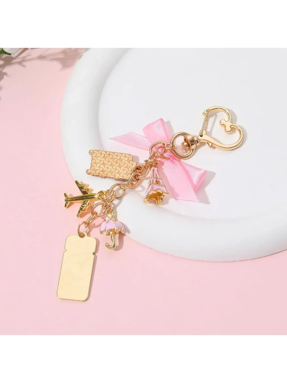 Travel Themed Keychain Set - 10PCS with Pink Bow, Gold Charms, Eiffel Tower